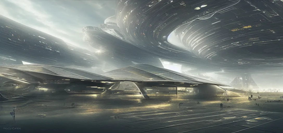 Image similar to a futuristic solarpunk spaceport, designed by norman foster, sci - fi, digital art by paul chadeisson