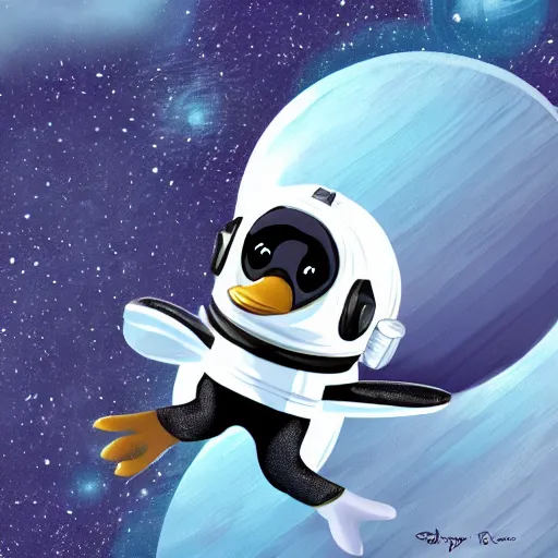 Image similar to cute astronaut penguin, floating on space, disney style, 8 k