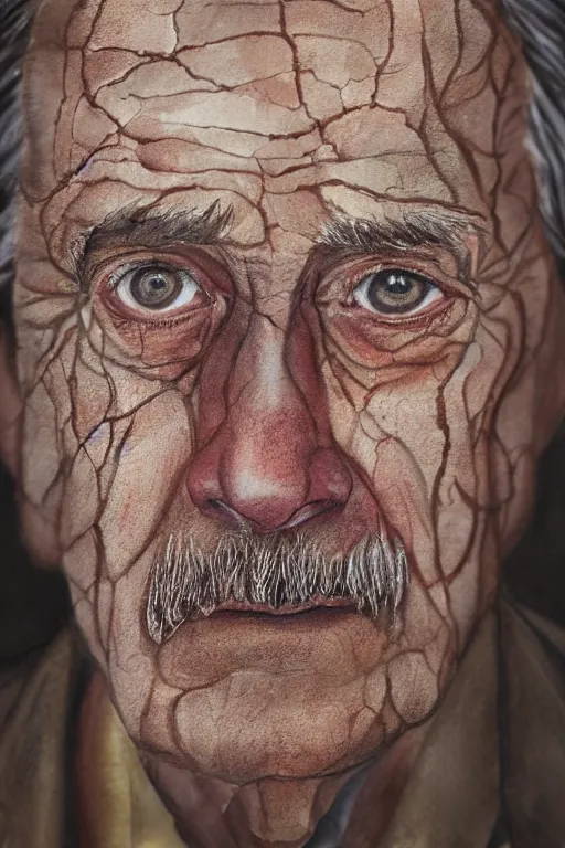 Image similar to portrait of a old man with aquarelle painted skin. close up, very dark brown hair, light eyes, intricate dark flowers pattern background, high detail, by Eddie Mendoza