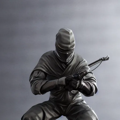 Prompt: 3 d rendering of marble and chrome statue of ninja wearing full face mask and hunter hat, dramatic pose, combat suit, technological, octane render