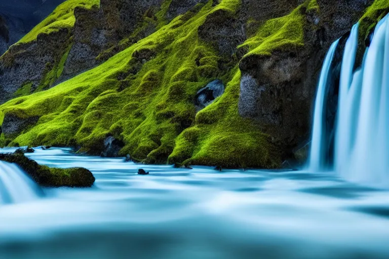 Image similar to photo of a landscape with mountains with waterfalls and snow on top, wallpaper, very very wide shot, blue glacier, iceland, new zeeland, green flush moss, professional landscape photography, sunny, day time, beautiful