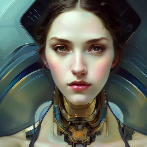 Image similar to portrait of beautiful girl with robot body by artgerm and greg rutkowski and alphonse mucha, close up, portrait, cinematic, elegant, artstation, intricate, highly detailed, digital painting, artstation, concept art, sharp focus, illustration, cyberpunk, cgsociety, 8 k