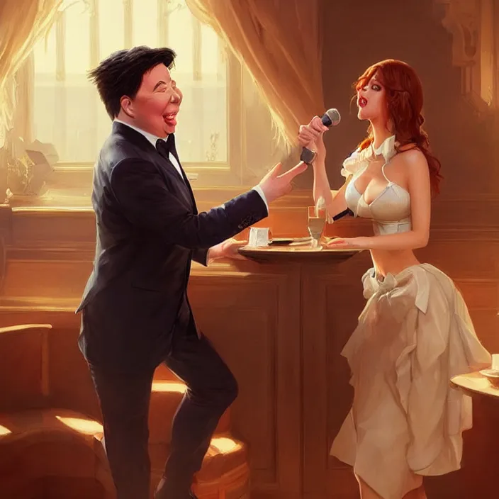 Image similar to michael mcintyre flirting with a singing waitress, elegant, real life skin, intricate artwork, high detailed, artstation, concept art, smooth, sharp focus, art by artgerm and greg rutkowski