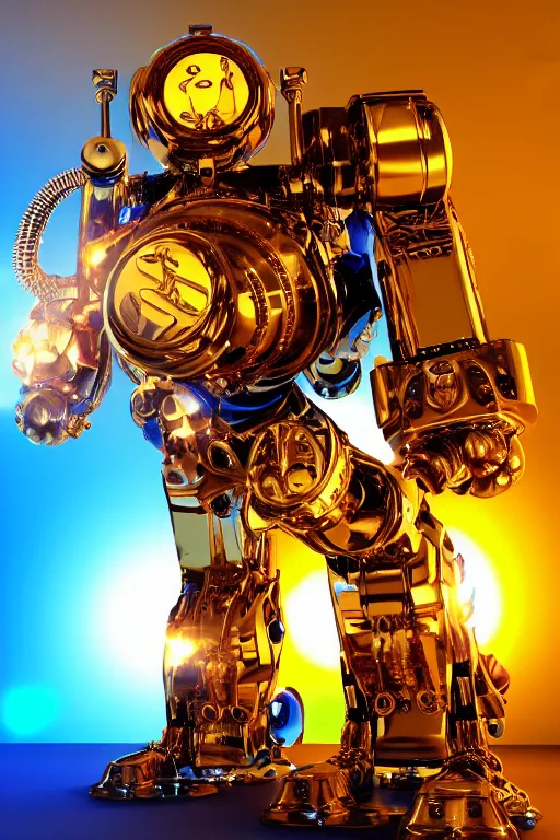 Prompt: portrait photo of a giant huge golden and blue metal humanoid steampunk robot singer with headphones and big gears and tubes, robot is falling apart, eyes are glowing red lightbulbs, shiny crisp finish, 3 d render, 8 k, insaneley detailed, fluorescent colors, background is multicolored lasershow