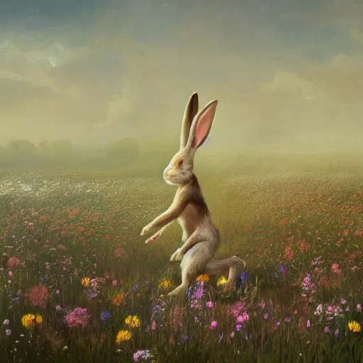 Image similar to A werebunny transforming in a field of flowers. Academic painting by Greg Rutkowski, Mobile still frame. 4K UHD