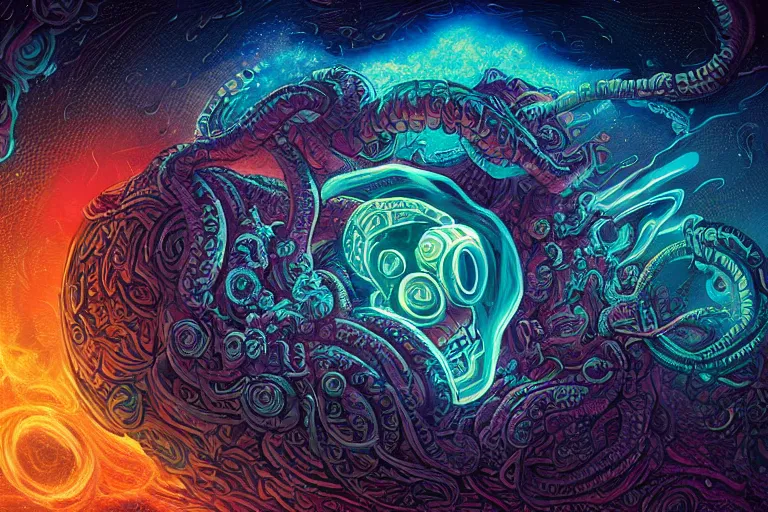 Image similar to a giant skull with intricate rune carvings and glowing eyes with lovecraftian tentacles emerging from a space nebula by dan mumford, smoke trails, digital art, photorealistic, vivid colors, highly detailed, intricate