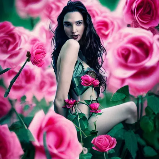 Prompt: fine art photo of the beauty gal gadot, she is merging from pink roses, taken by oleg oprisco