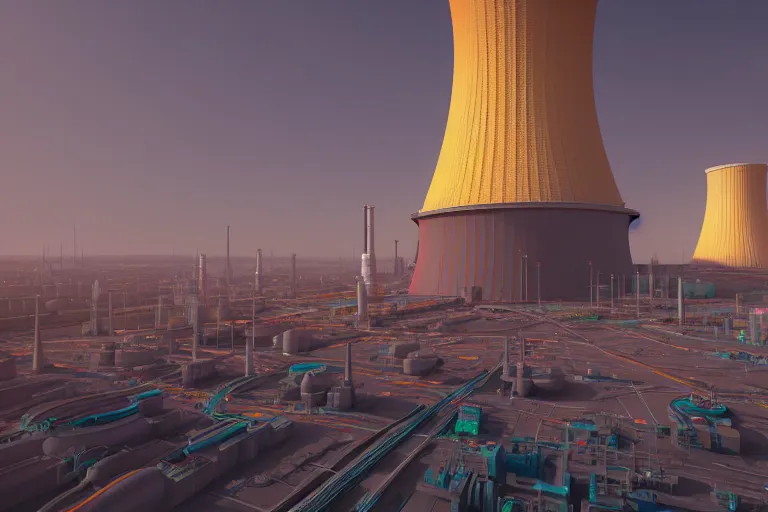 Image similar to nuclear power plant, colorful, sci-fi, utopia, octane render, substance painter, zbrush. Trending on artstation. 8K. Highly detailed.