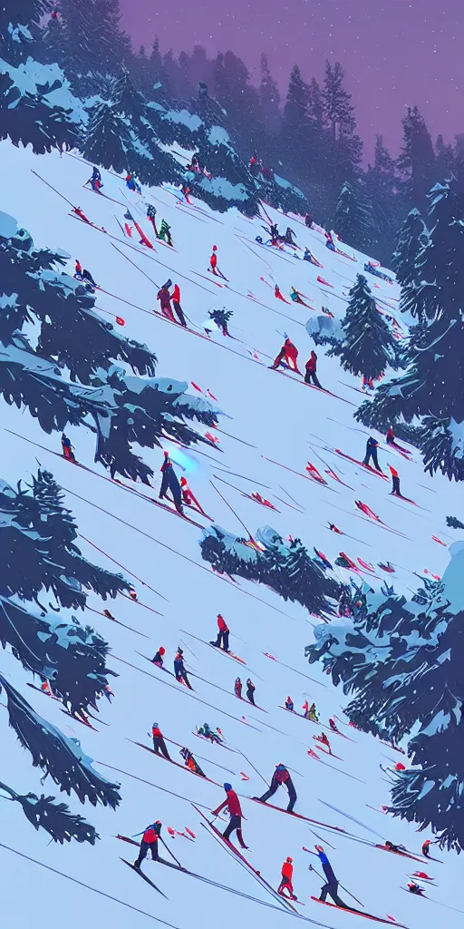 Image similar to by moebius and atey ghailan | the bottom of a ski slope with a huge pile of tangled up skiers |