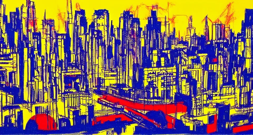 Image similar to color sketch of the london skyline, highly detailed, dramatic lighting, intense shadows, rich deep colours, by roy lichtenstein