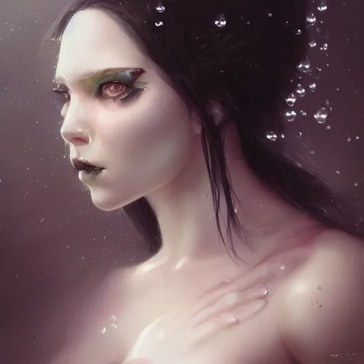 Image similar to a beautiful portrait of kerli koiv with bubble goth makeup, a detailed painting by greg rutkowski and raymond swanland, featured on cgsociety, fantasy art, detailed painting, artstation hd, photorealistic