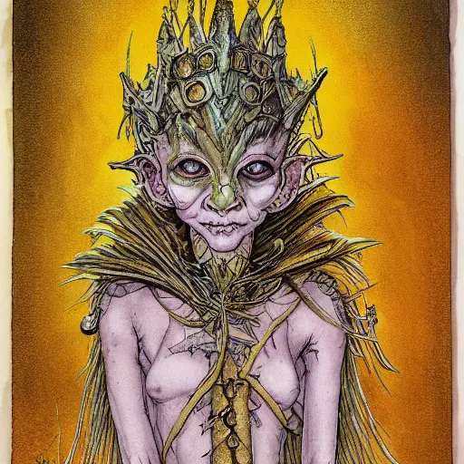 Image similar to portrait of ethereal young goblin princess in golden armour by Ian Miller