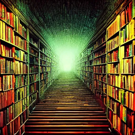 Image similar to “lost in a labyrinth that is Powell’s City of Books. Creepy liminal photo. Hyperrealistic, benchmark resolution photo in the style of Beksinski”