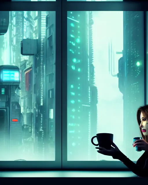 Image similar to a terminator cyborg lady with borg implants and a human face is drinking coffee near a window with dystopian city visible outside. tiny green led lights in her cybernetics. very detailed 8 k. horror cyberpunk style.