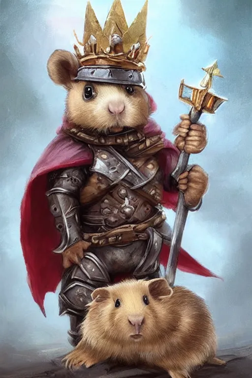 Image similar to cute little anthropomorphic Guinea Pig knight wearing a cape and a crown, tiny, small, miniature bear, baby animal, short, pale blue armor, cute and adorable, pretty, beautiful, DnD character art portrait, matte fantasy painting, DeviantArt Artstation, by Jason Felix by Steve Argyle by Tyler Jacobson by Peter Mohrbacher, cinematic lighting