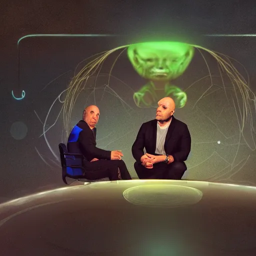 Image similar to joe rogan interviewing an inter - dimensional dmt alien, octane render