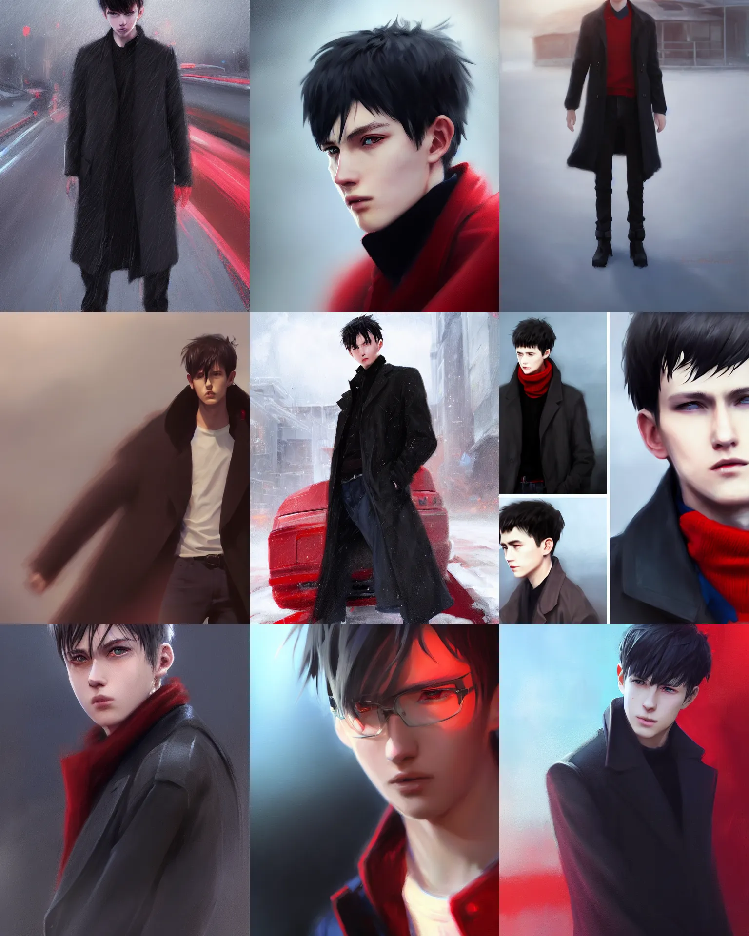 Image similar to wlop, krenz cushart, close detailed portrait digital painting of a young man with black cowlick haircut, wearing black overcoat, red clothes, blue jeans. sunbeam, unreal engine, hyper realism, realistic shading, cinematic composition, blender render, octane render, hdr, detailed textures, photorealistic, 3 5 mm film