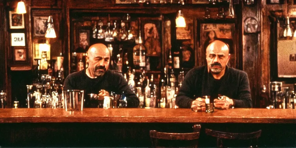 Image similar to detailed medium format photo, polaroid still from tarkovsky movie, joe rogan sitting at the bar from cheers, haze, high production value, intricate details, 8 k resolution, hyperrealistic, hdr, photorealistic, high definition, tehnicolor, award - winning photography, masterpiece, amazing colors