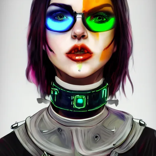 Prompt: female character cyberpunk wearing technological collar around neck, realistic, art, beautiful, 4K, collar, choker, collar around neck, punk, artstation, detailed, female, woman, choker, neon,