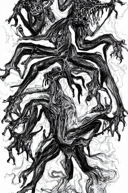 Prompt: Scientific drawing of inorganic demons, black and white,