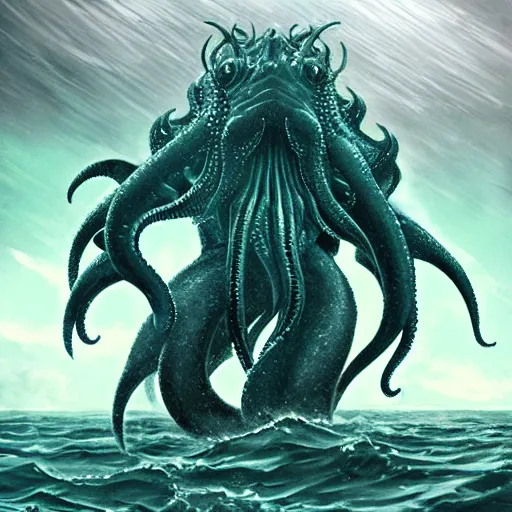 Prompt: the monster Cthulhu in the middle of the ocean with a storm and lightning, artstation, ultra detailed, concept art