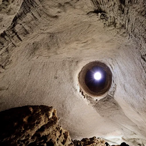 Image similar to a hole on ceiling cave, stars visible through hole