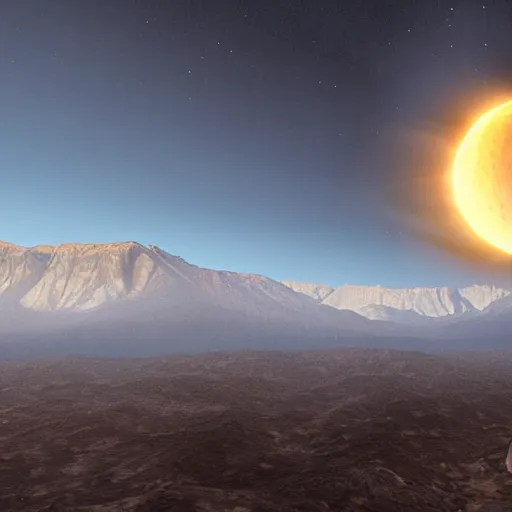 Prompt: surreal nuclear blast eclipse, small in size, rocky mountains, highly detailed, photorealistic shot, bright studio setting, studio lighting, crisp quality and light reflections, unreal engine 5, quality render