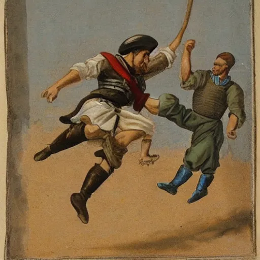 Prompt: a peasant jump - kicking a soldier off of a horse