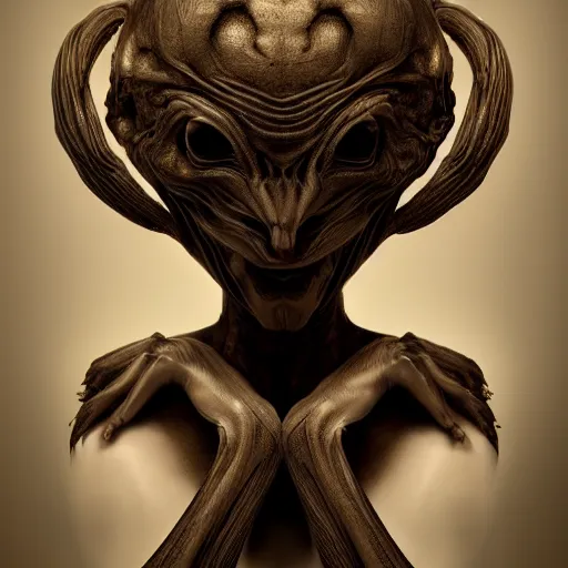 Image similar to hyper realistic photography of an alien, plated arm, intimate, chest, holding close, ribbons, in the style of beth cavener, jin kagetsu,, and wlop, highly detailed, intricate filigree, symmetry, masterpiece, award winning, sharp focus, concept art, highkey lighting, ambient lighting, octane render, 8 k, artstation