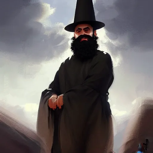 Image similar to a happy merchant orthodox jew wearing kippah!!!, rubbing hands!!!, evil, tricky!!, black curly beard, black curly hair, black eyes, hooked nose!, by greg rutkowski, artstation, by artgerm, by wlop