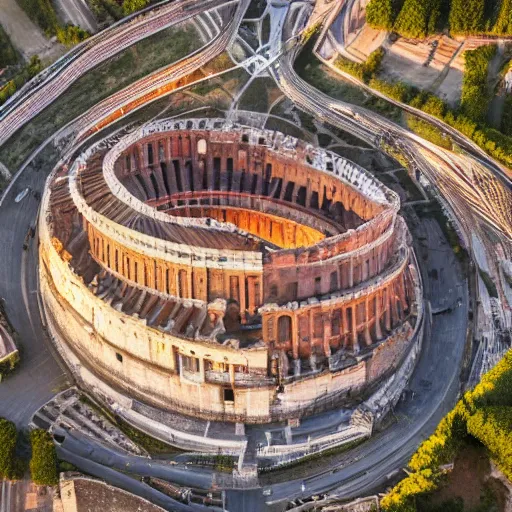 Image similar to the roman colosseum designed by zaha hadid, overhead view, golden hour, 4K Photograph