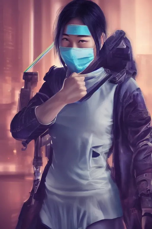 Prompt: Asian cyberpunk young woman wearing a face mask and wielding a sword, photorealistic, hyperdetailed