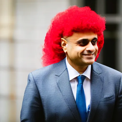 Prompt: A high-quality photo of Sajid Javid wearing a long red wig, m.zuiko 75mm, f 1.8, 1/400, RAW, unedited, 8K, high quality,