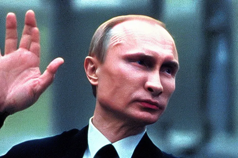 Image similar to film still of Vladimir Putin as agent Smith from the movie The Matrix (1999)