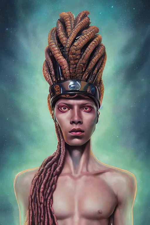 Prompt: portrait of an alien king with dreads snake hair, straight on portrait, by artgerm, tom bagshaw, gerald brom, vaporwave colors, lo fi colors, vaporwave, lo fi, 2 point studio lighting, dramatic lighting, 4 k, hd,