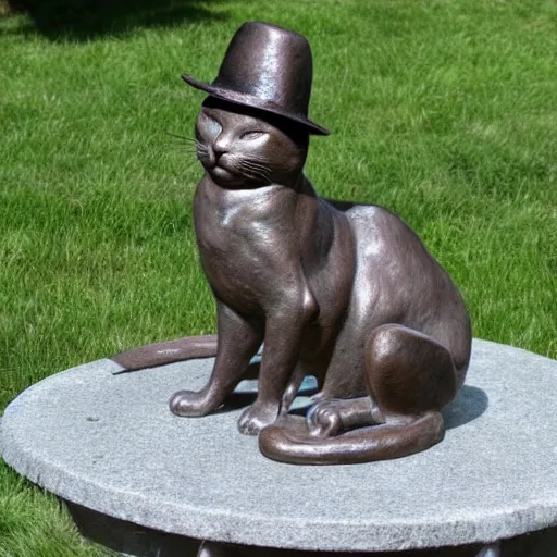Prompt: a bronze statue of a cat wearing a fedora