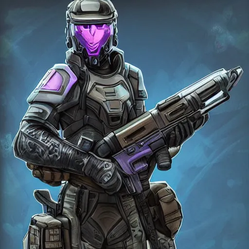 Prompt: « vanu soldier, full helmet, purple and black clothes, tall young male, dominant, heavy gun »