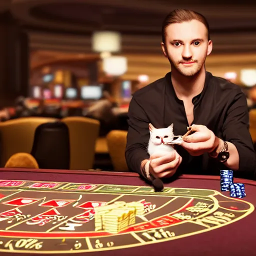 Prompt: man holding a toy cat and a spoon, sitting at a blackjack table, casino, las vegas, 8 k, highly detailed, photo realistic, unreal engine