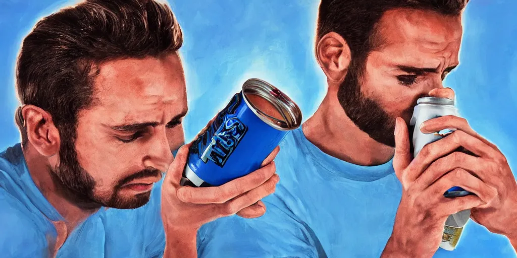 Prompt: gigachad drinking a energy drink from a blue can, photorealistic, uhd, award winning photo, highly detailed