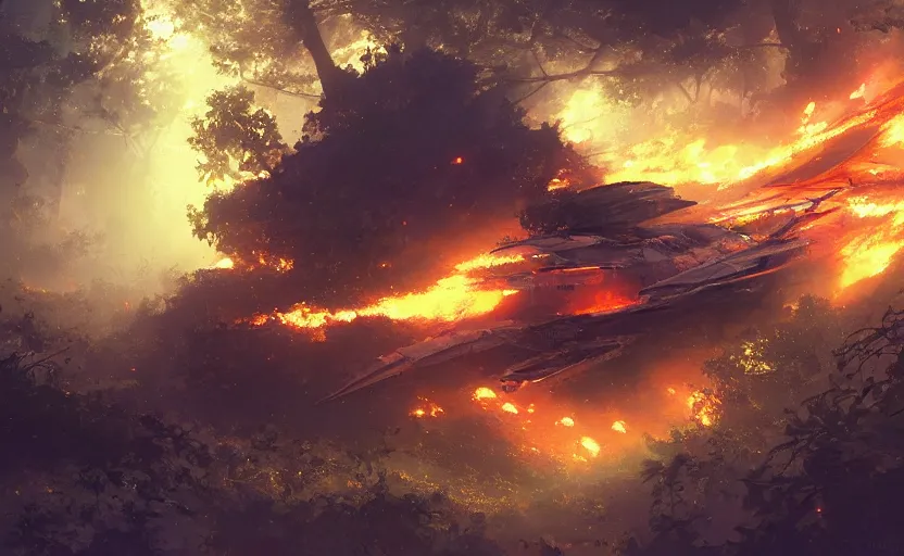 Image similar to a spaceship on fire and smoke crashed in a forest, smoke and fire. By Makoto Shinkai, Stanley Artgerm Lau, WLOP, Rossdraws, James Jean, Andrei Riabovitchev, Marc Simonetti, krenz cushart, Sakimichan, trending on ArtStation, digital art.