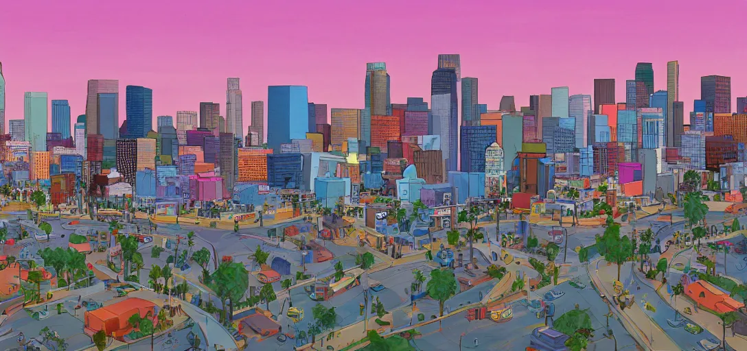 Prompt: visual development los angeles skyline cityscape, by lou romano, pixar disney