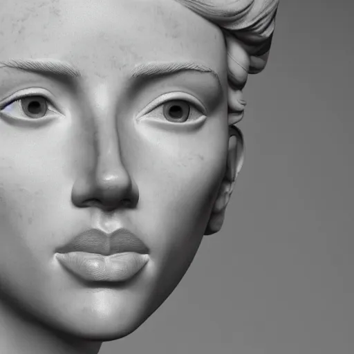 Image similar to a marble bust of actress Scarlett Johansson, made of Carrara marble, extremely detailed, 8K render, unreal engine, octane render, intricate, CGI, cgsociety, photograph, single subject, medium shot, shallow depth of field, by Gian Lorenzo Bernini