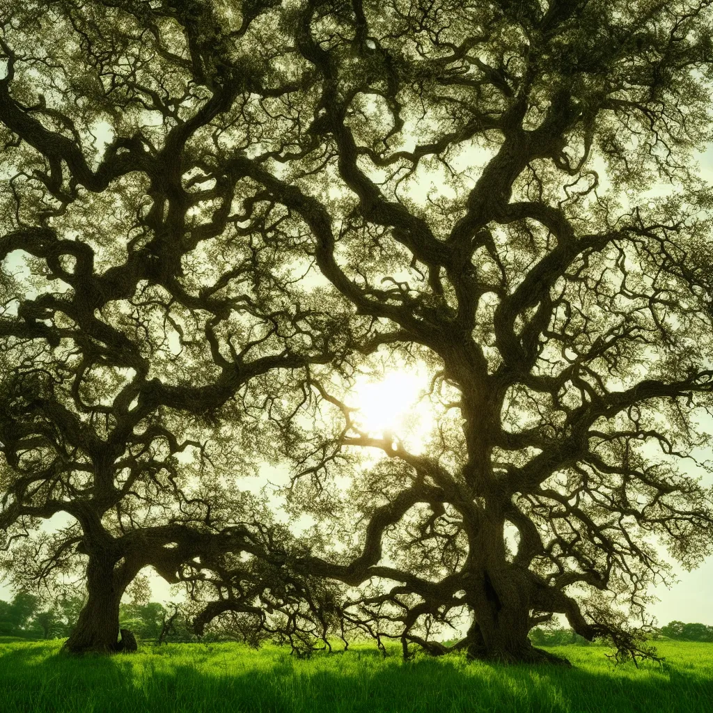 Prompt: old oak in four seasons of the year, the tree is growing on a meadow, cinematic lighting, photo realistic image, 4K, super detailed, cinematic look