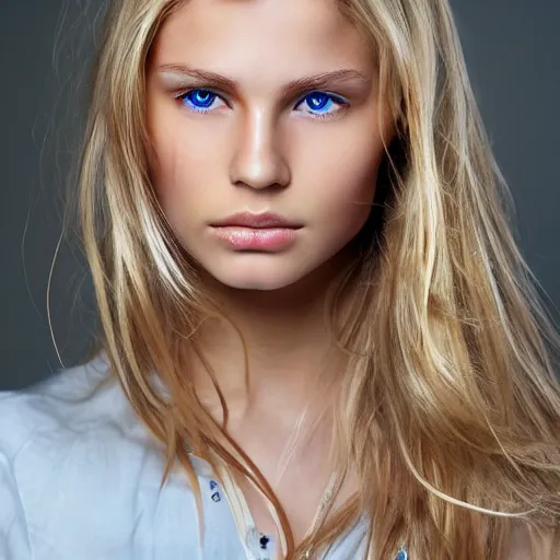 Prompt: Close up 35mm nikon photo of the left side of the face of a young blond model with gorgeous eyes and wavy long blond hair, who looks directly at the camera. ,.