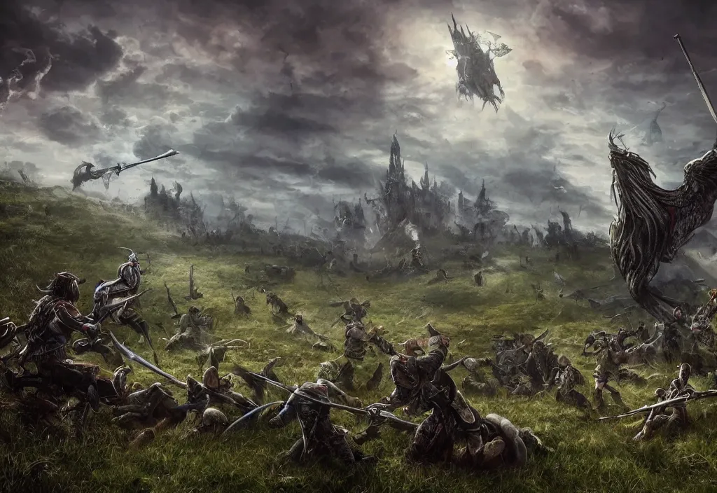 Prompt: ornate broadsword sticking out of ground focal point, battlefield in background, epic scene, 4k ultra hd, fantasy dark art