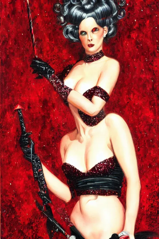 Prompt: Lord Licorice in a red and black sequins gown holding a peppermint sword, painting by Mark Brooks