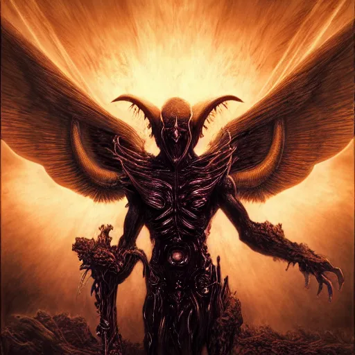 Prompt: photorealistic demonic alien archangel the style of michael whelan and gustave dore. hyperdetailed photorealism, 1 0 8 megapixels, amazing depth, glowing rich colors, powerful imagery, psychedelic overtones, 3 d finalrender, 3 d shading, cinematic lighting, artstation concept art