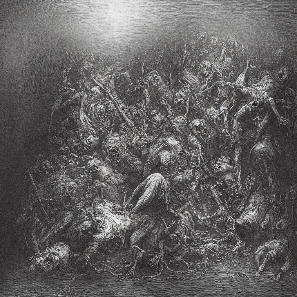 Prompt: zombie crawling out of a steel barrel, creepy atmosphere, dark, portrait, realistic, very realistic, illustration by gustave dore