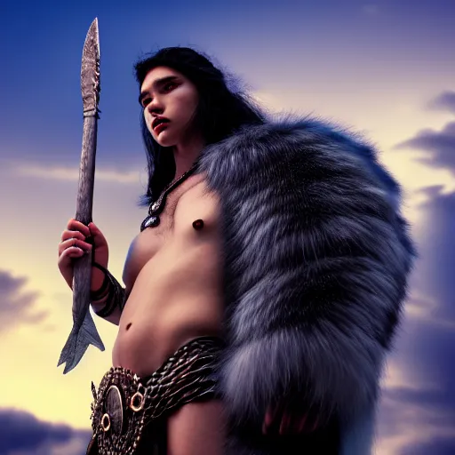 Image similar to a male DND barbarian wearing fur coat holding a small blue-skinned Triton girl with black hair, high resolution film still, 4k, HDR colors