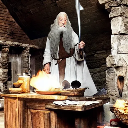 Image similar to Gandalf cooking in a hobbits house